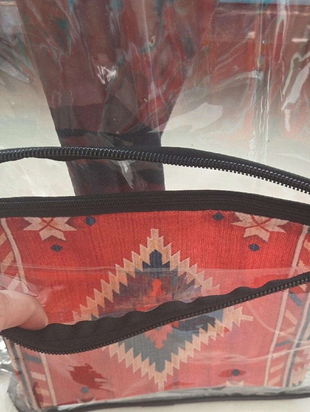 Clear Vinyl Backpack with Red Aztec Front Pocket